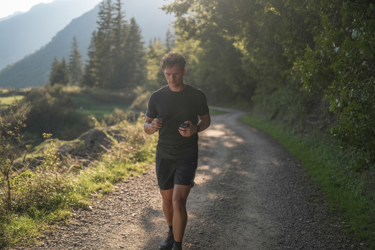 Person walking on a gravel path surrounded by trees and mountains.
