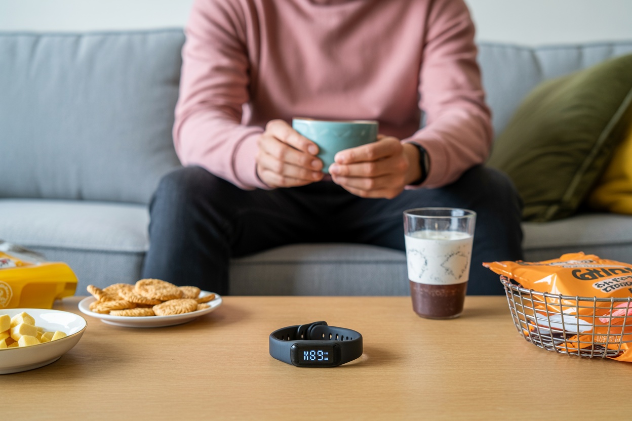A person sitting on a couch holding a cup, with healthy snacks and a fitness tracker on the table.