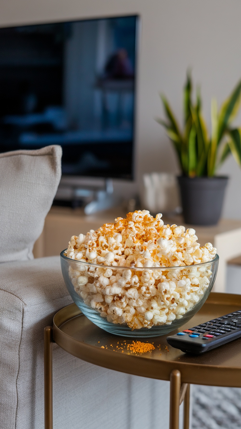 A bowl of air-popped popcorn topped with nutritional yeast, sitting on a table next to a remote control.