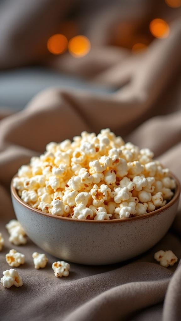A bowl of air-popped popcorn with sea salt on a soft fabric background.
