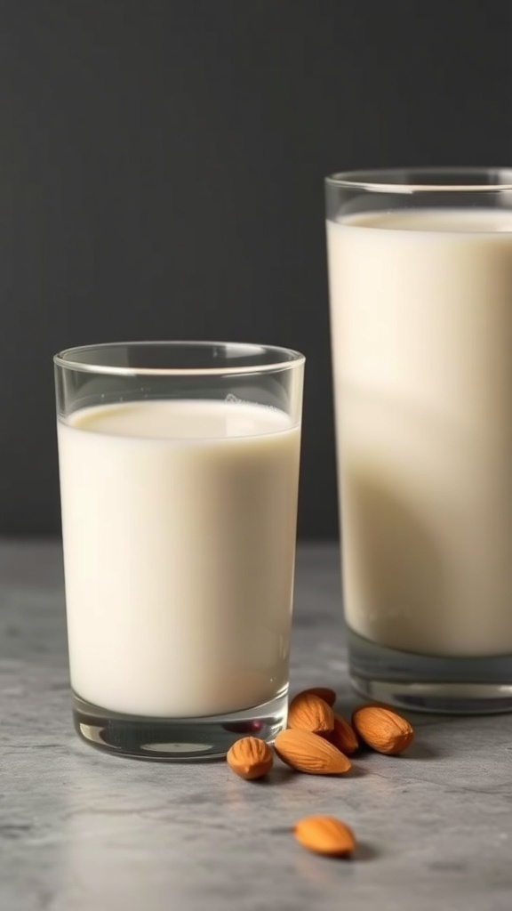 Two glasses of almond milk with almonds on a countertop.