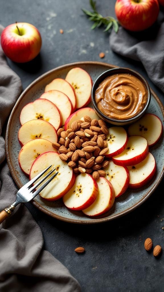 A plate of apple slices arranged with almond butter and almonds, showcasing a healthy snack option.