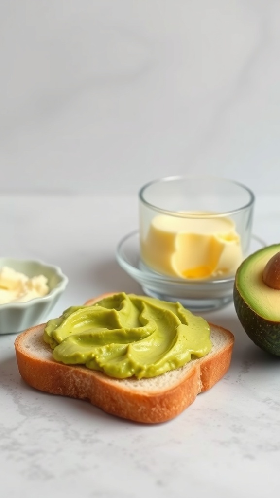 A slice of bread with green avocado spread on it, accompanied by butter and an avocado.