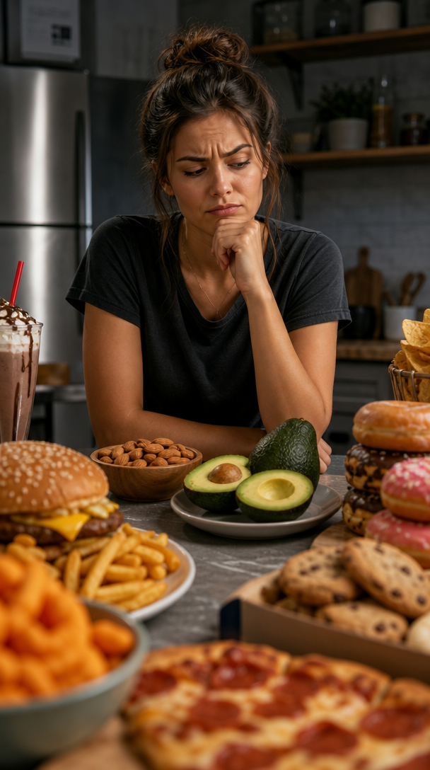 A contemplative woman surrounded by unhealthy food options, considering healthy fats like avocados.