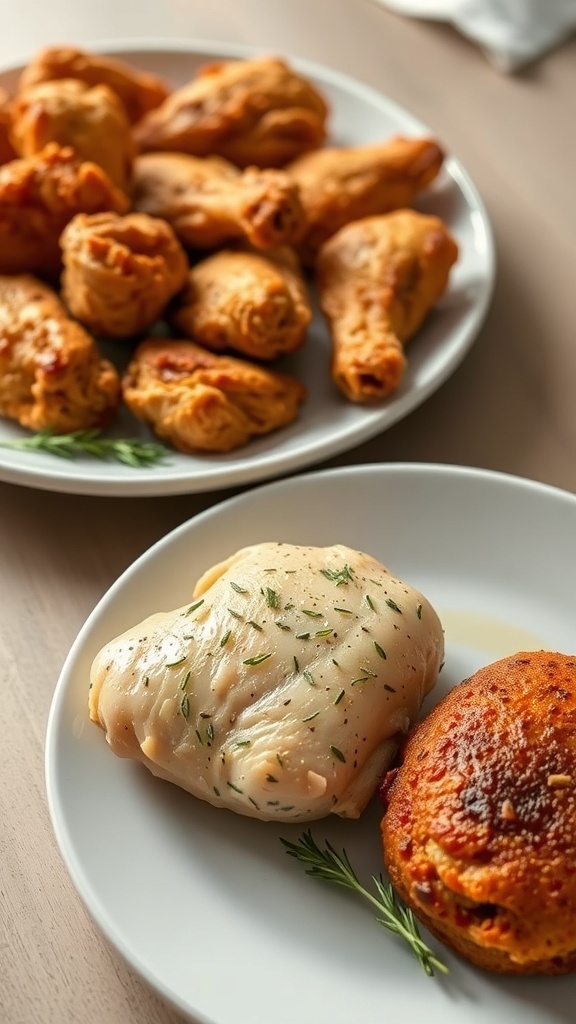 A plate of baked chicken and a plate of fried chicken, showcasing a healthier food swap.