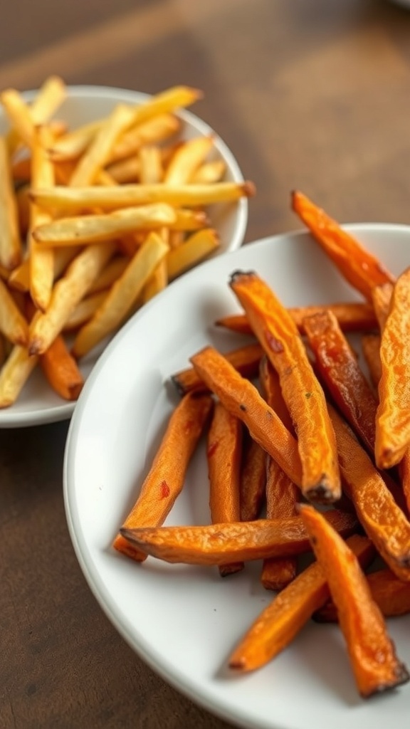 Plates of baked sweet potato fries and regular fries on a wooden table