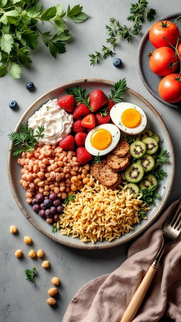 A colorful plate filled with grains, proteins, fruits, and vegetables, showcasing a balanced meal.