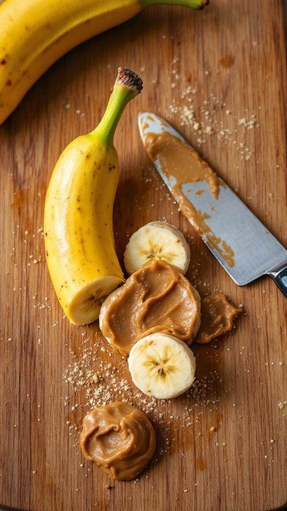 A banana with peanut butter on a cutting board, showcasing sliced banana and peanut butter spread.
