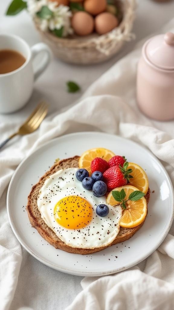 A plate with a sunny-side-up egg on whole grain toast, surrounded by strawberries, blueberries, and orange slices, with a cup of coffee in the background.