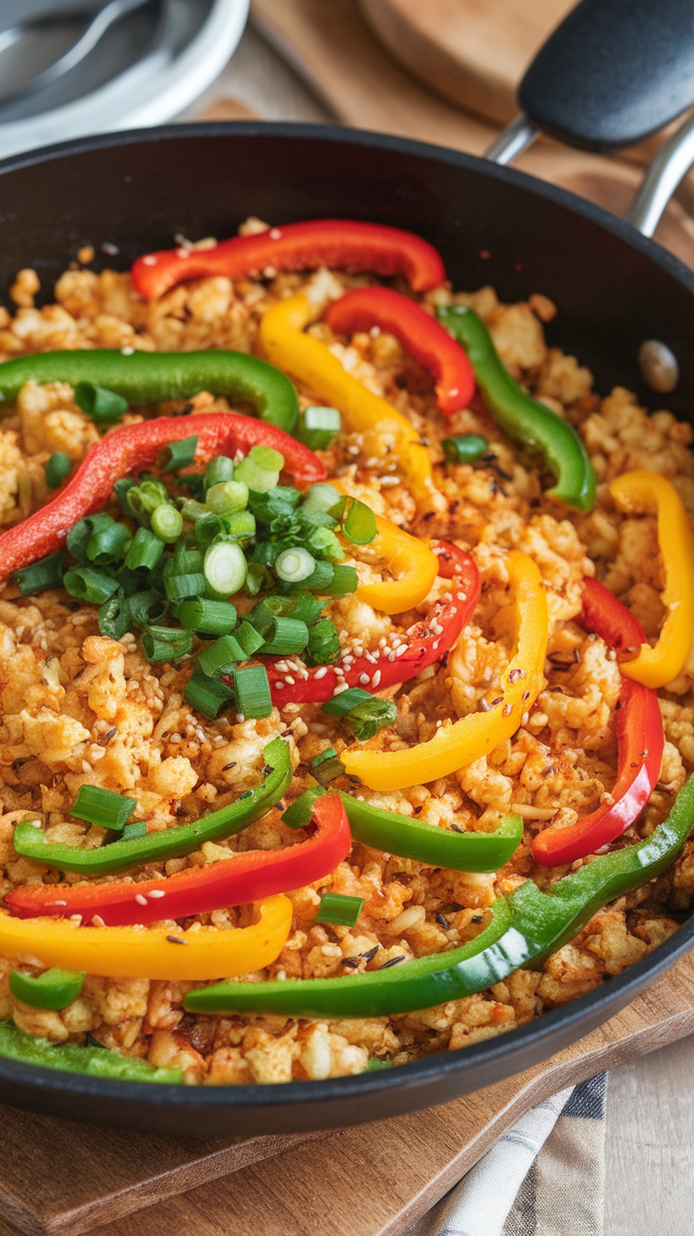 A colorful cauliflower rice stir-fry with bell peppers and green onions in a frying pan.