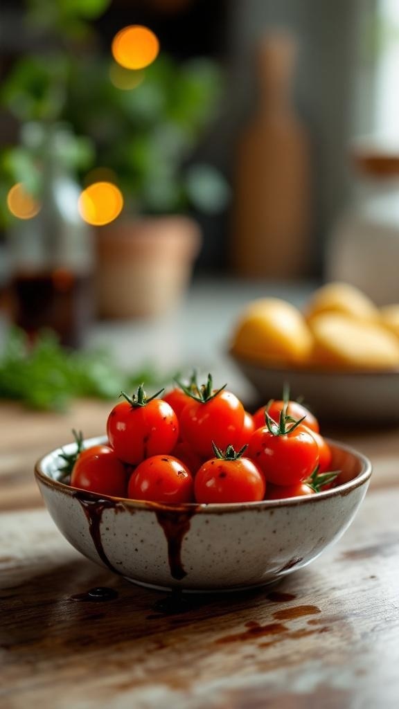 A bowl of cherry tomatoes drizzled with balsamic glaze on a wooden table.