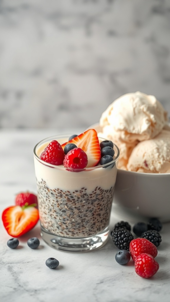 A glass of chia seed pudding topped with berries next to a bowl of ice cream.