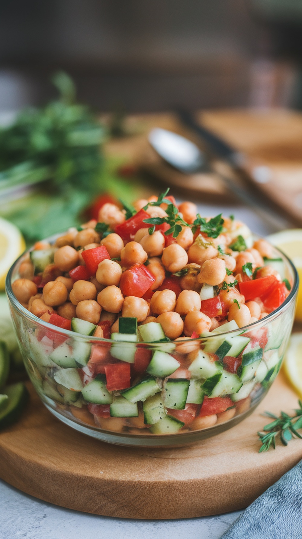 A vibrant chickpea salad with diced cucumbers and tomatoes, topped with fresh herbs, served in a glass bowl.