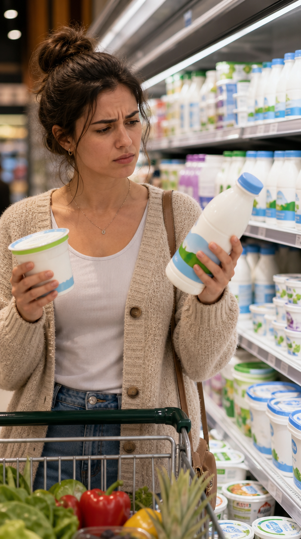 A woman looking confused while comparing two dairy products in a grocery store aisle.