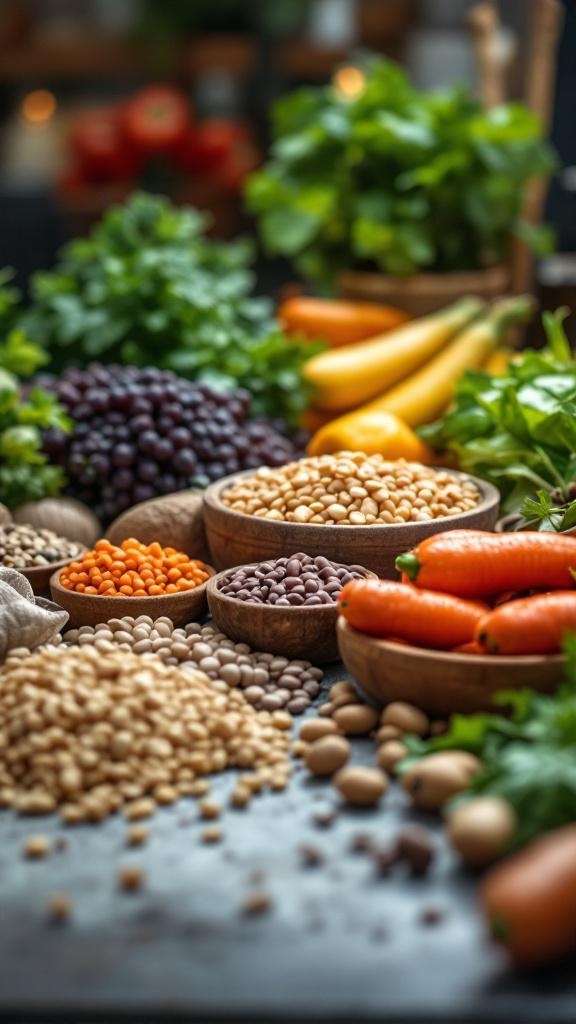 A colorful assortment of fiber-rich foods including legumes, vegetables, and grains.