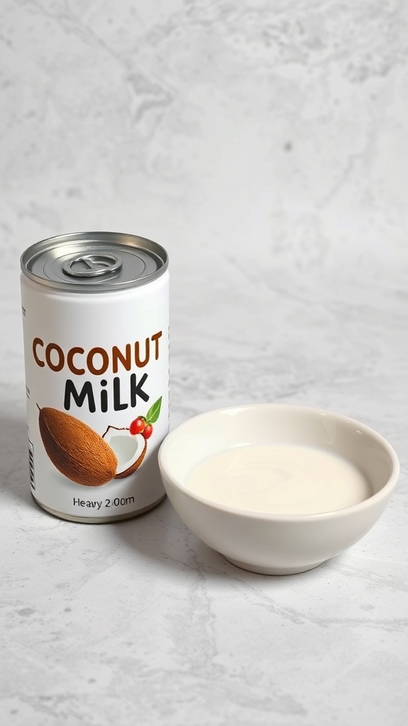 A can of coconut milk next to a small bowl of coconut milk.