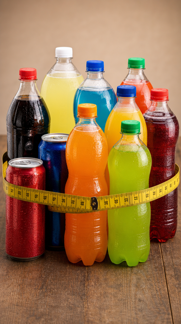 Colorful assortment of sugary drinks, including sodas and juices, surrounded by a measuring tape.