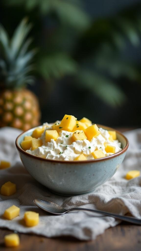 A bowl of cottage cheese topped with pineapple chunks, with a fresh pineapple in the background.