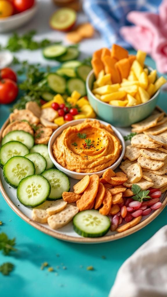 A colorful platter of hummus with cucumber slices and lemon wedges.