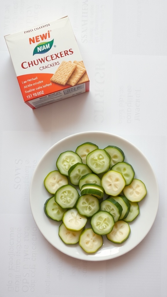 A plate filled with fresh cucumber slices next to a box of crackers.