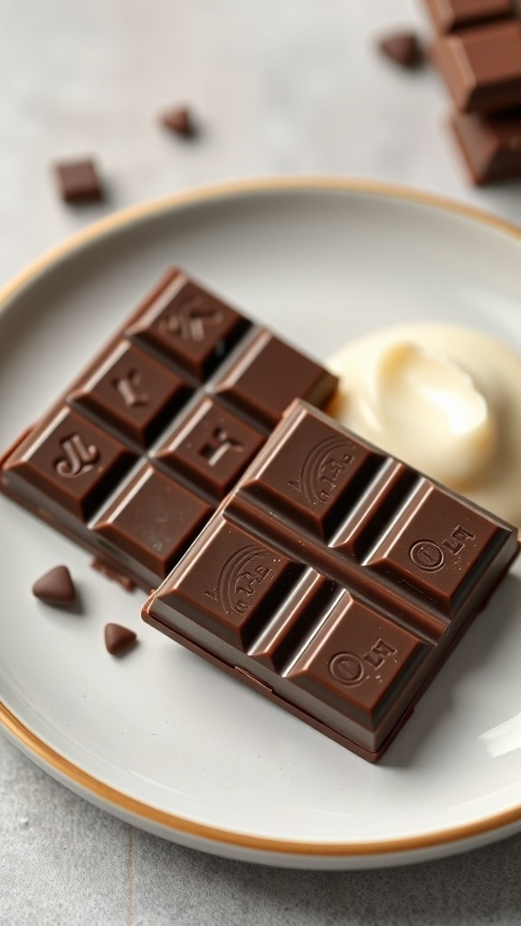 A plate with dark chocolate squares and a dollop of cream