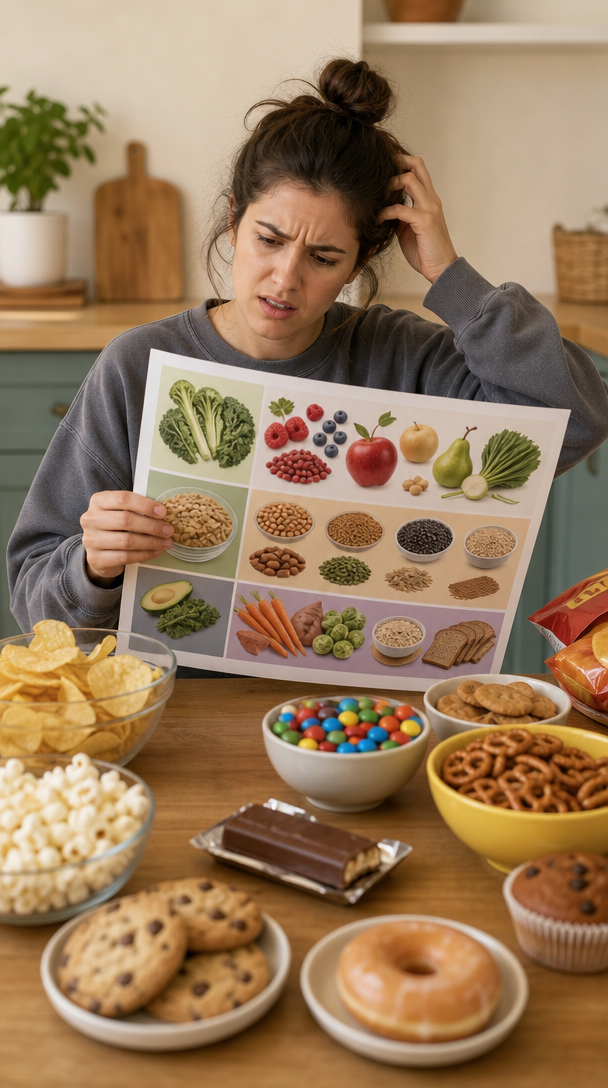 A woman looking confused while comparing a chart of healthy fiber-rich foods against a spread of unhealthy snacks.