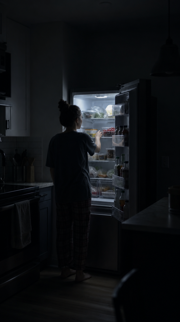 A person standing in front of a fridge at night, looking at food.