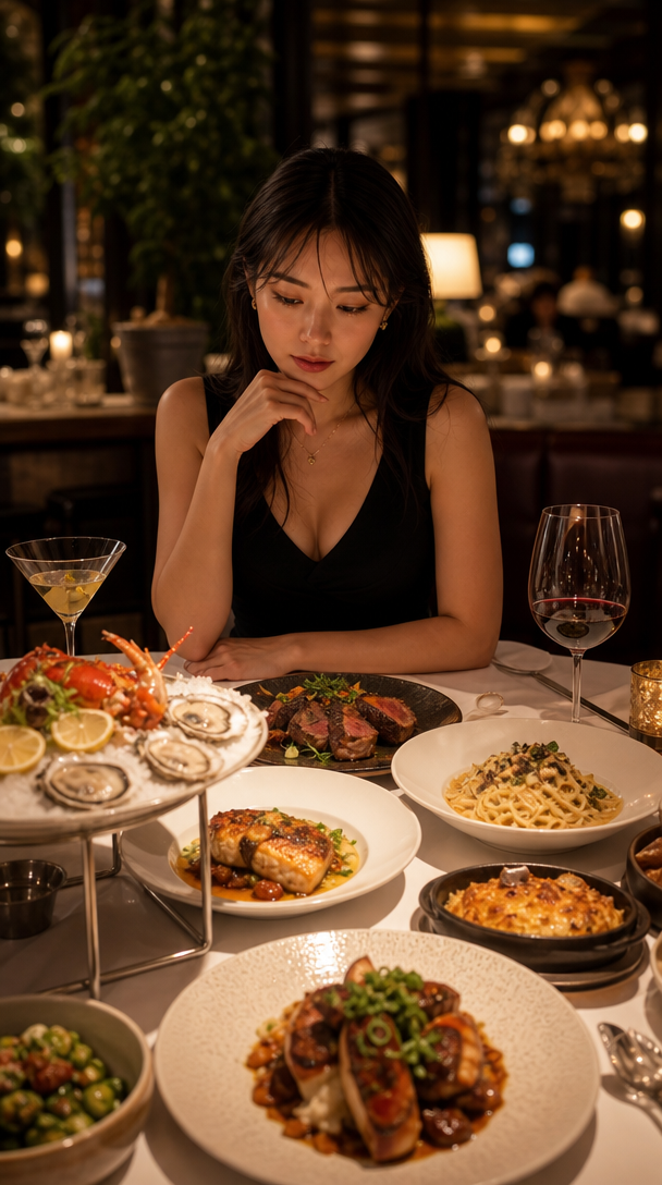 A woman at a restaurant looking thoughtfully at a table filled with various gourmet dishes