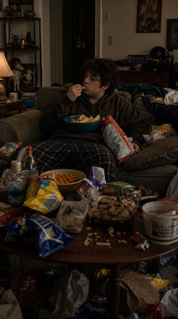 A person sitting on a couch surrounded by various snack foods, highlighting the concept of eating out of boredom.