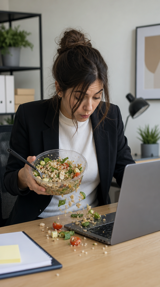 A woman multitasking while eating a salad at her desk, looking focused on her laptop.