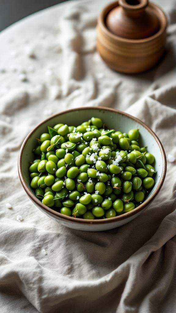 A bowl of edamame sprinkled with sea salt on a soft cloth