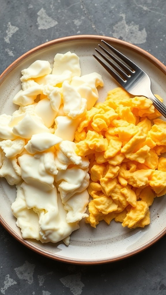 A plate divided with scrambled egg whites on one side and scrambled whole eggs on the other side, along with a fork.