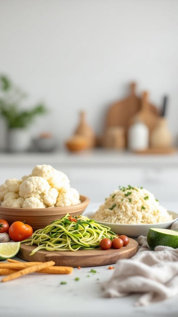 A selection of low-carb food alternatives including cauliflower, zucchini noodles, cherry tomatoes, and lime.