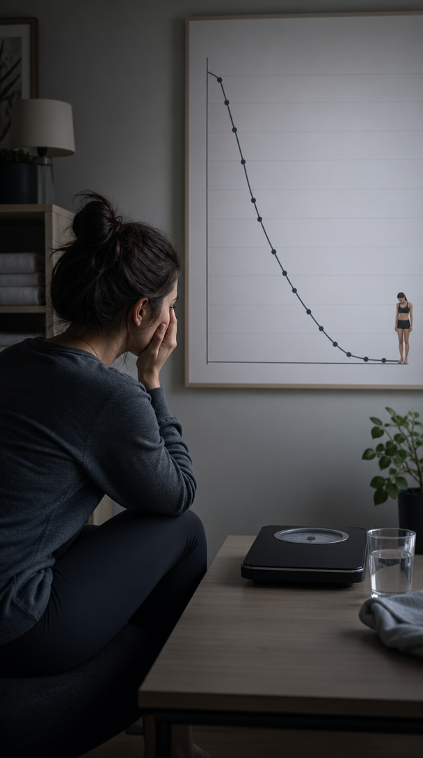 A person sitting and looking at a chart depicting weight loss progress, suggesting the emotional impact of unrealistic expectations.