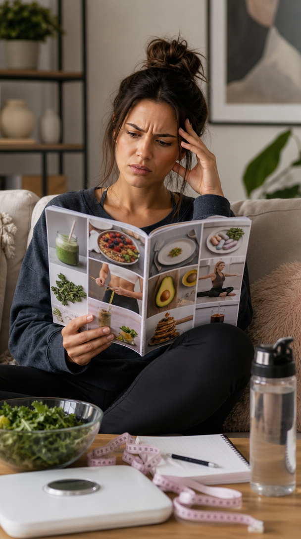 A woman looking confused while reading a diet magazine, surrounded by kale and a scale.