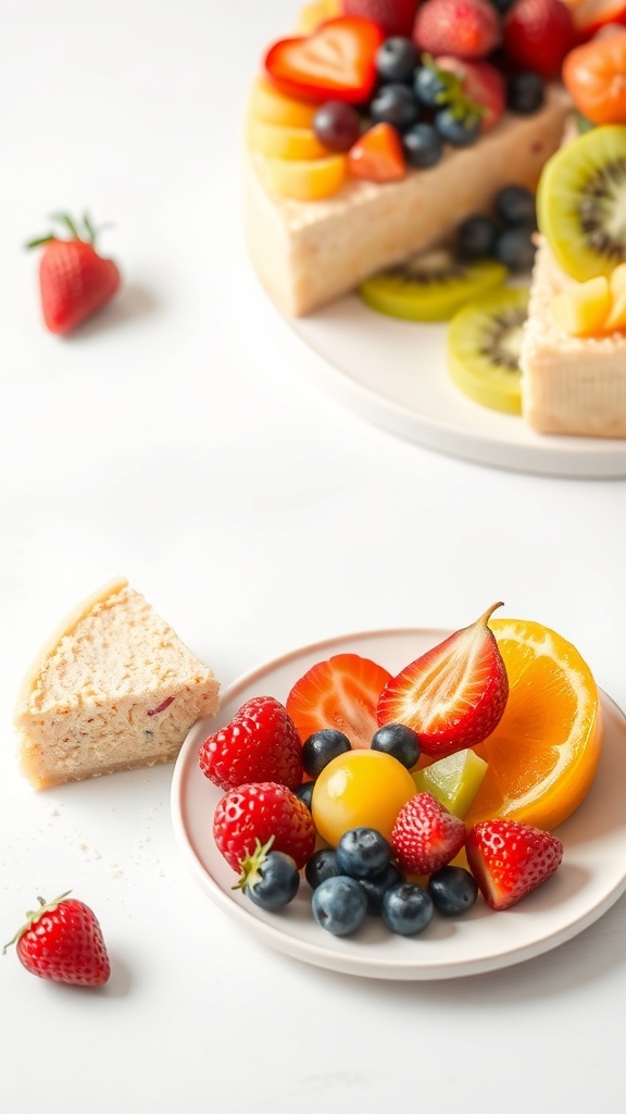 A colorful plate of fresh fruits alongside a slice of cake.