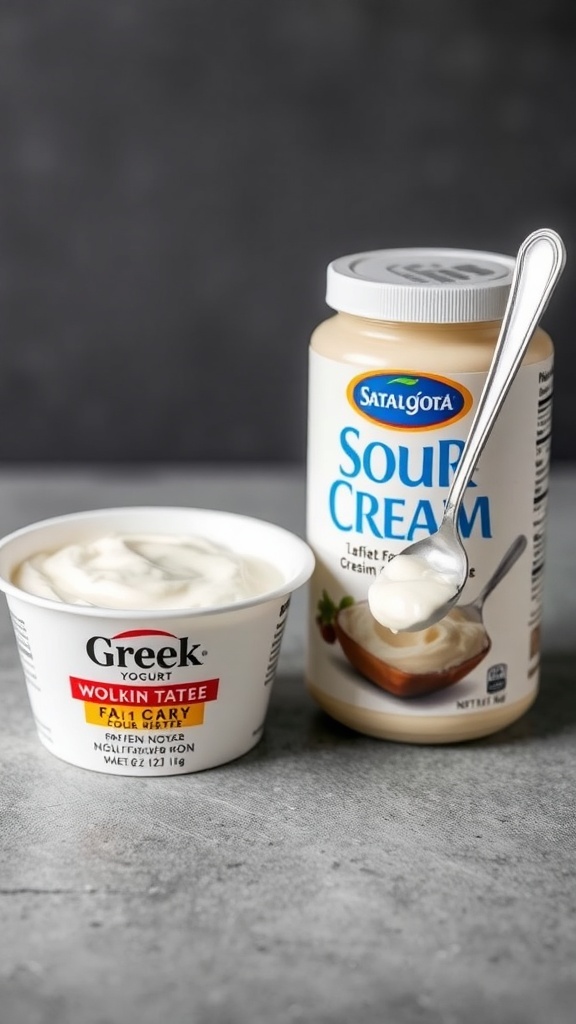 A container of Greek yogurt next to a jar of sour cream, showcasing a healthy swap for weight loss.