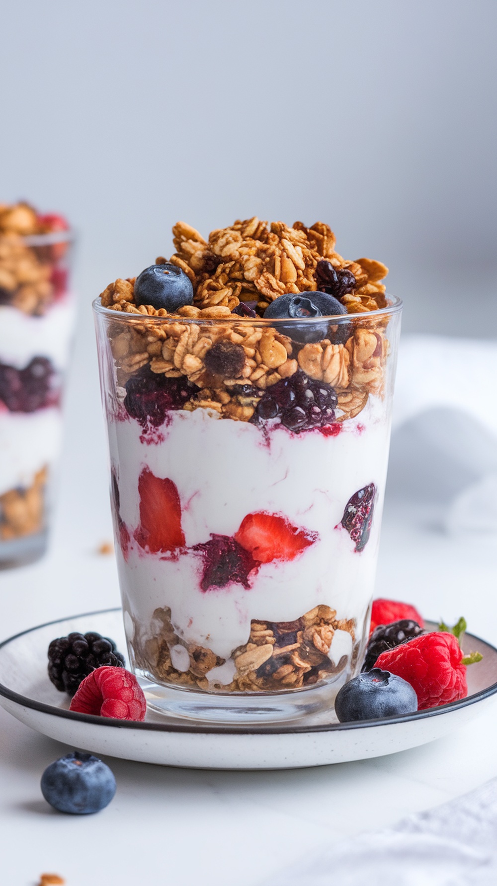 A Greek yogurt parfait layered with berries and granola in a glass.