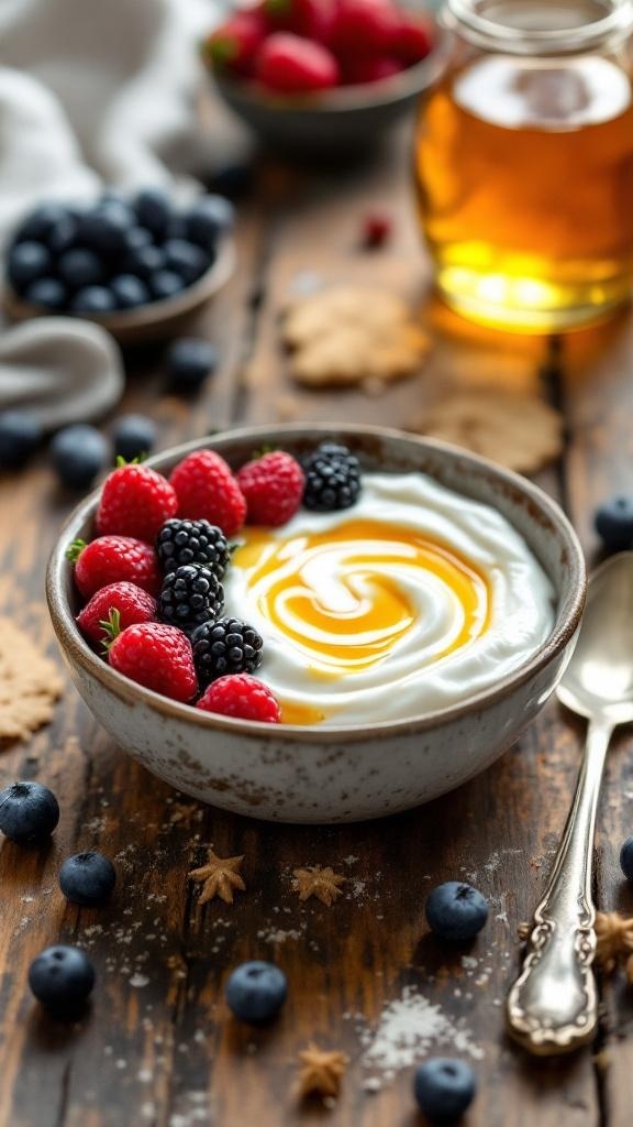 A bowl of Greek yogurt topped with honey and fresh berries on a wooden table.