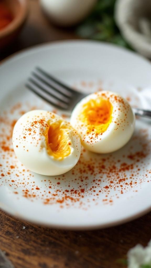 Hard-boiled eggs sprinkled with paprika on a plate.