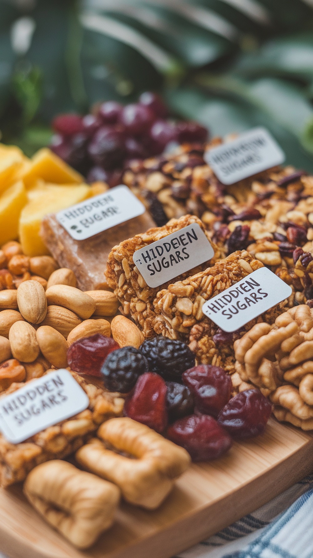 A variety of snacks labeled with 'Hidden Sugars' including granola bars, nuts, and dried fruits.