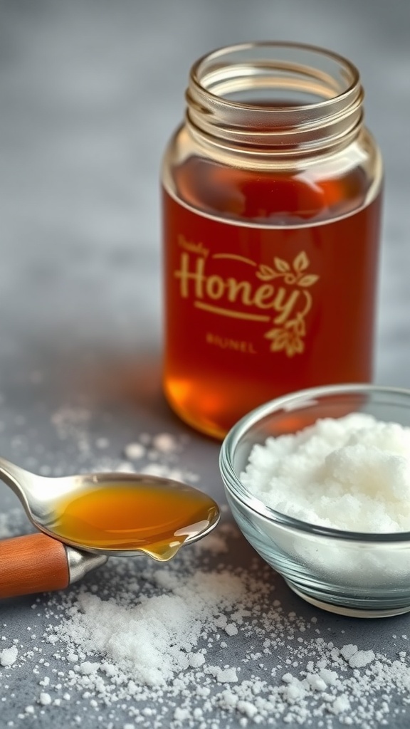 A jar of honey next to a spoonful of honey and a bowl of sugar on a gray surface.