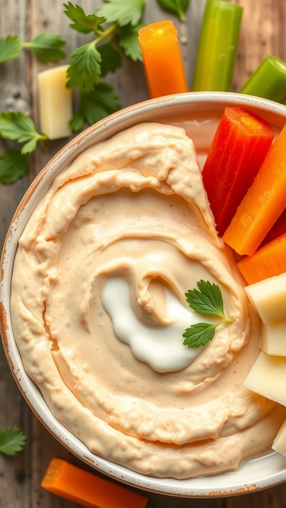 A bowl of hummus surrounded by colorful vegetables like carrots and celery, garnished with a sprig of cilantro.