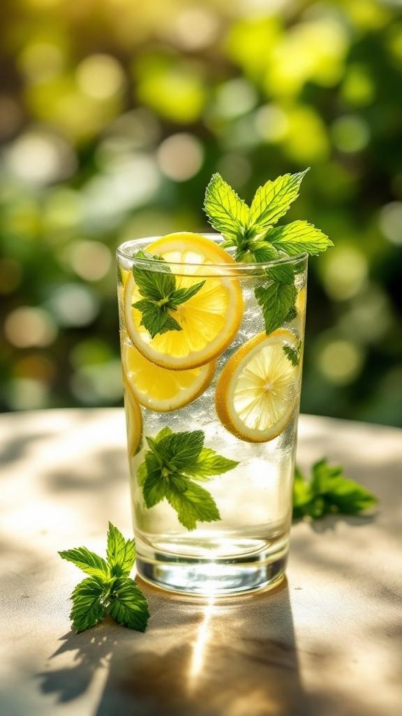 A glass of water with lemon slices and mint leaves, symbolizing hydration.