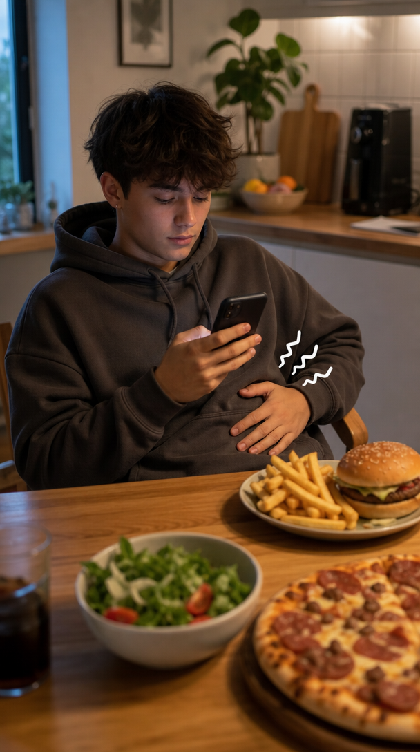 A person sitting at a table filled with food, looking at their phone while rubbing their stomach.