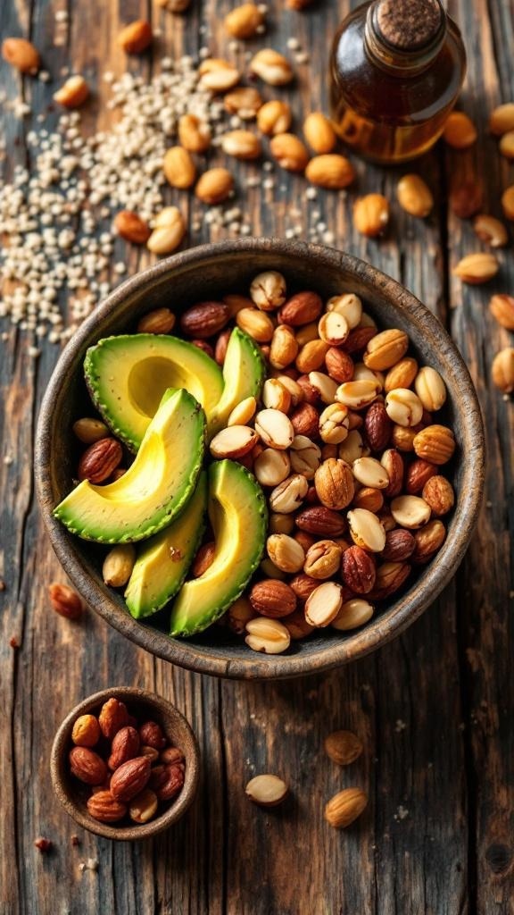 A wooden bowl filled with a variety of nuts on a rustic wooden table.