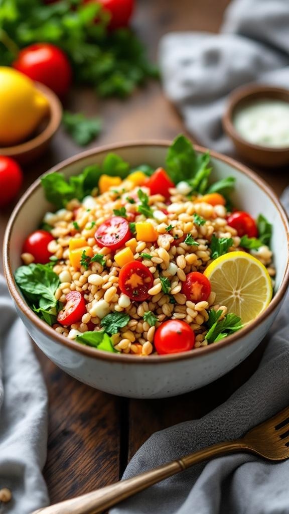 A colorful bowl of grain salad with various vegetables on a wooden surface.
