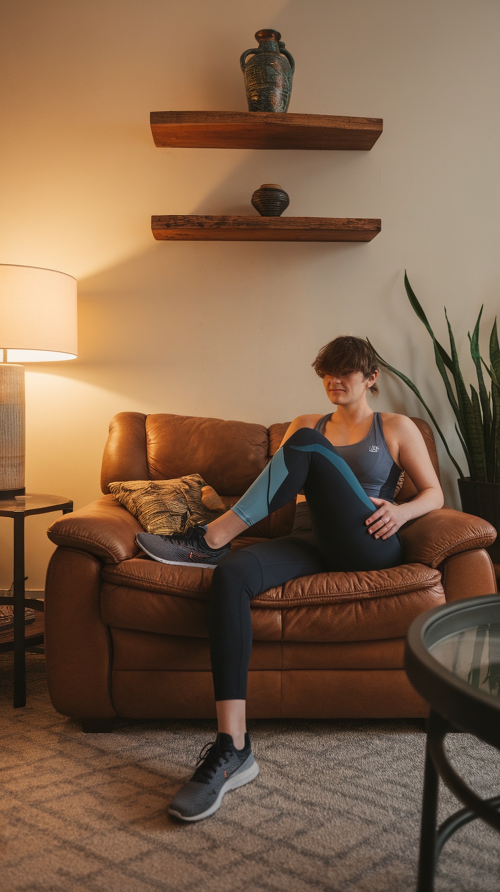 A person sitting on a couch, preparing to exercise with a yoga mat and water bottle nearby.