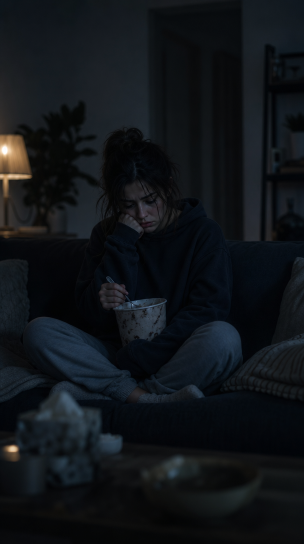 A person sitting on a couch at night, looking sad and eating from a bowl.