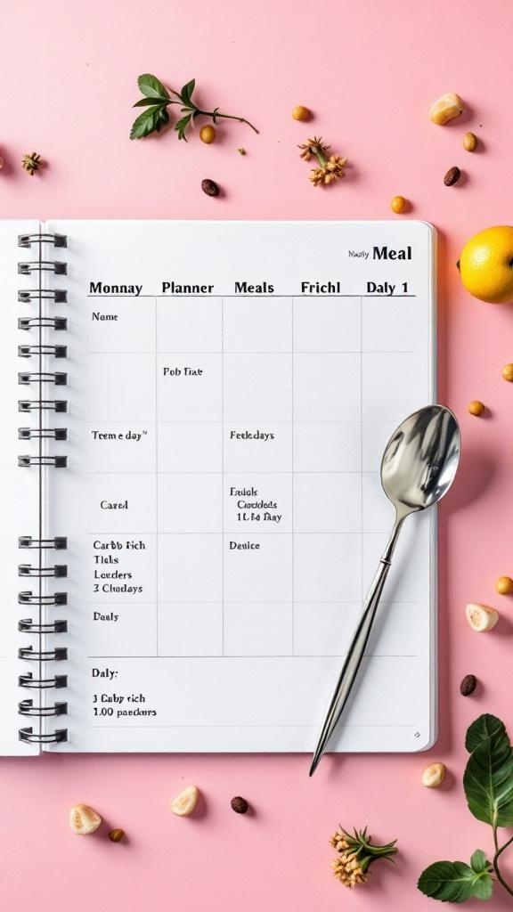 A meal planner with sections for meals, carb-rich foods, and daily entries, surrounded by herbs and nuts.